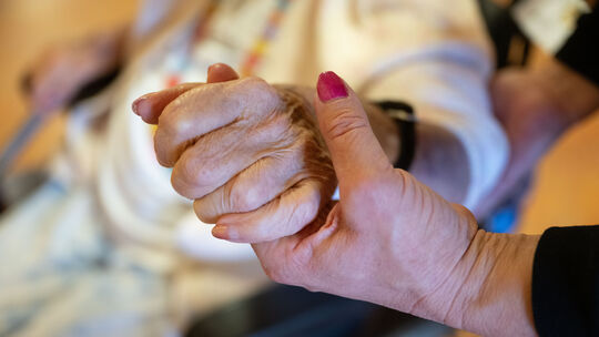 Eine Physiotherapeutin hält die Hand einer Pflegeheimbewohnerin (Symbolfoto). Pflegefachkräfte in Rheinland-Pfalz stimmen derzei Eine Physiotherapeutin hält die Hand einer Pflegeheimbewohnerin (Symbolfoto). Pflegefachkräfte in Rheinland-Pfalz stimmen derzei