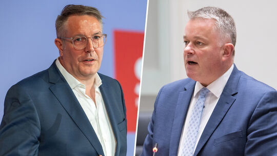 Ministerpräsident Alexander Schweitzer (SPD, links) und CDU-Herausforderer Gordon Schnieder stellen sich den Fragen unserer Reda Ministerpräsident Alexander Schweitzer (SPD, links) und CDU-Herausforderer Gordon Schnieder stellen sich den Fragen unserer Reda