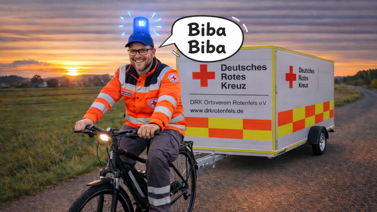 Mit Humor macht das Rote Kreuz von Norheim darauf aufmerksam, dass ein Fahrzeug zum Ziehen des Materialanhängers fehlt... Mit Humor macht das Rote Kreuz von Norheim darauf aufmerksam, dass ein Fahrzeug zum Ziehen des Materialanhängers fehlt...