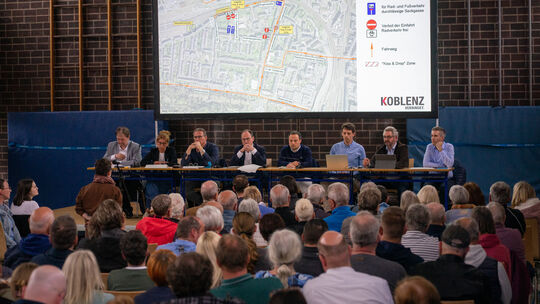 Infoveranstaltung in der Turnhalle der Koblenzer Grundschule Pestalozzi: Auf dem Podium von rechts Christian Kühne vom Jugendamt Infoveranstaltung in der Turnhalle der Koblenzer Grundschule Pestalozzi: Auf dem Podium von rechts Christian Kühne vom Jugendamt