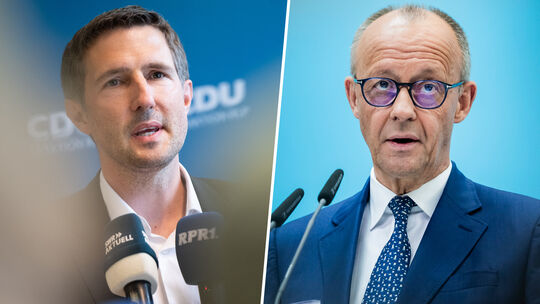 Christoph Gensch, CDU-Fraktionschef im rheinland-pfälzischen Landtag (links), und Bundeskanzler Friedrich Merz: Die Landtagsfrak Christoph Gensch, CDU-Fraktionschef im rheinland-pfälzischen Landtag (links), und Bundeskanzler Friedrich Merz: Die Landtagsfrak