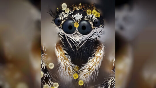 Selbst wer mit Zebraspringspinnen vertraut ist, dürfte das Tier auf der Mikroaufnahme von John-Oliver Dum wohl nicht auf den ers Selbst wer mit Zebraspringspinnen vertraut ist, dürfte das Tier auf der Mikroaufnahme von John-Oliver Dum wohl nicht auf den ers
